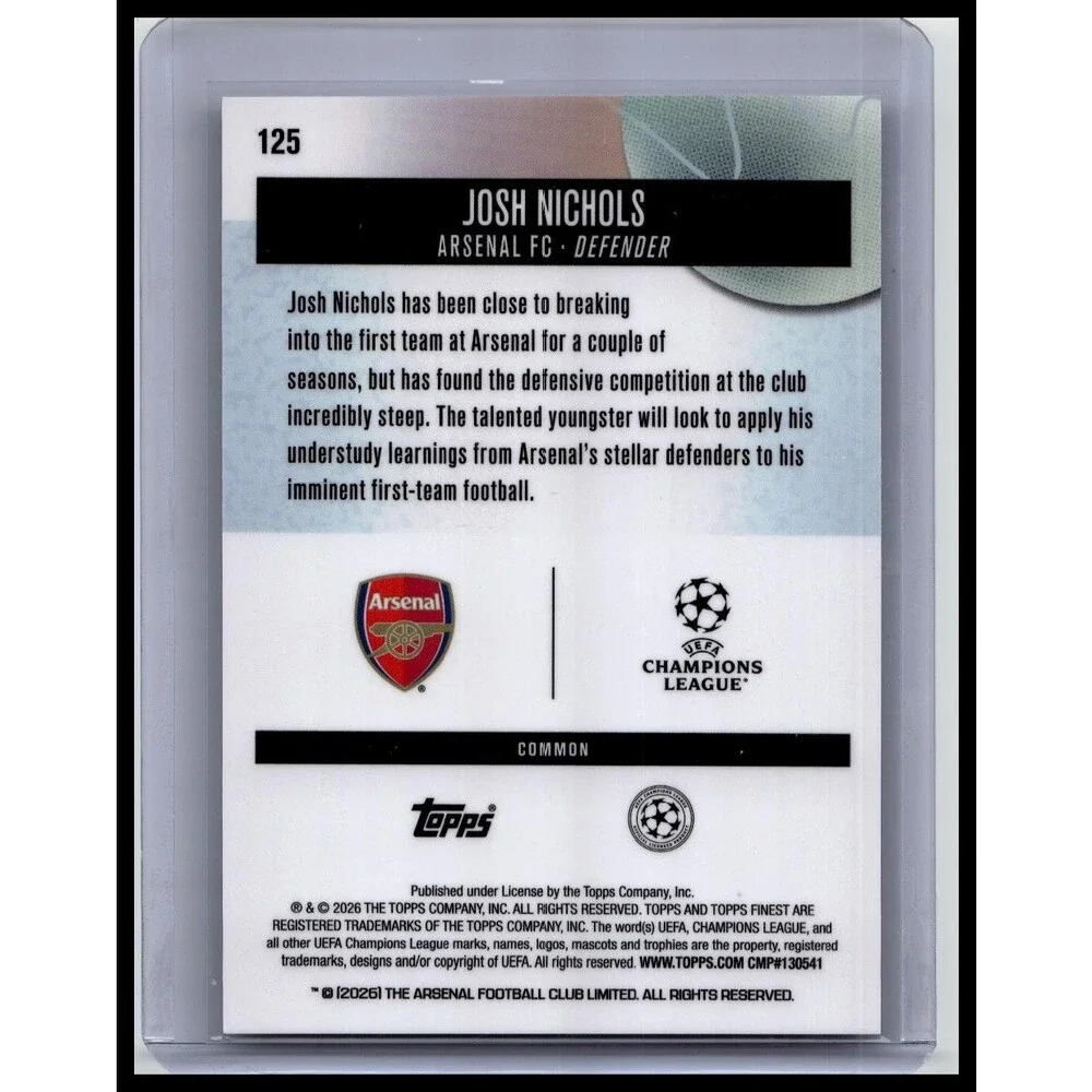 2025-26 Finest UEFA Josh Nichols #125 Arsenal FC Pearl Checkerboard #/60